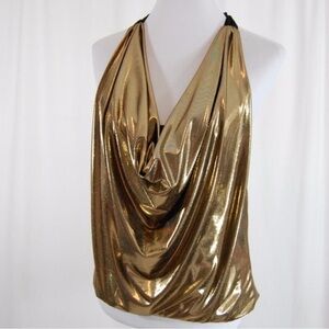 Alice Olivia Gold Shimmer Halter Top Blouse Sleeveless with Black Accents Sz XS